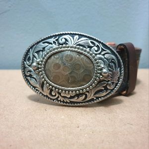 Silver plated ornate Vintage western belt buckle with Petoskey stone center